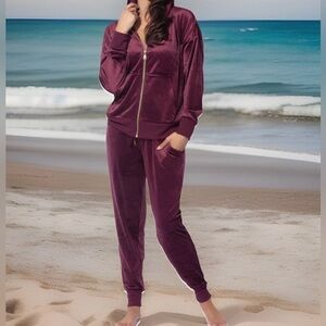 Velour Zip Hoodie & Jogger /Loungewear Set Burgundy M Soft NWT 2 PC Tracksuit